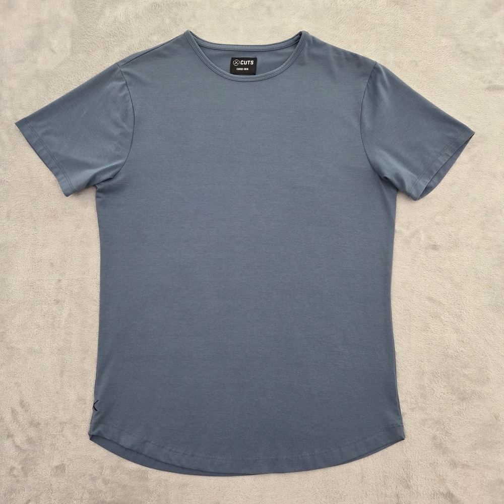 Cuts Curve-Hem T-Shirt Mens Medium Crew Neck Blue Gray Tee Casual Basic
